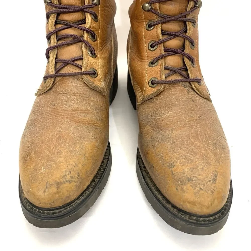 Justin Original Brown Leather 0762 Soft Toe Lace Up Work Boots Men’s Size 11 D